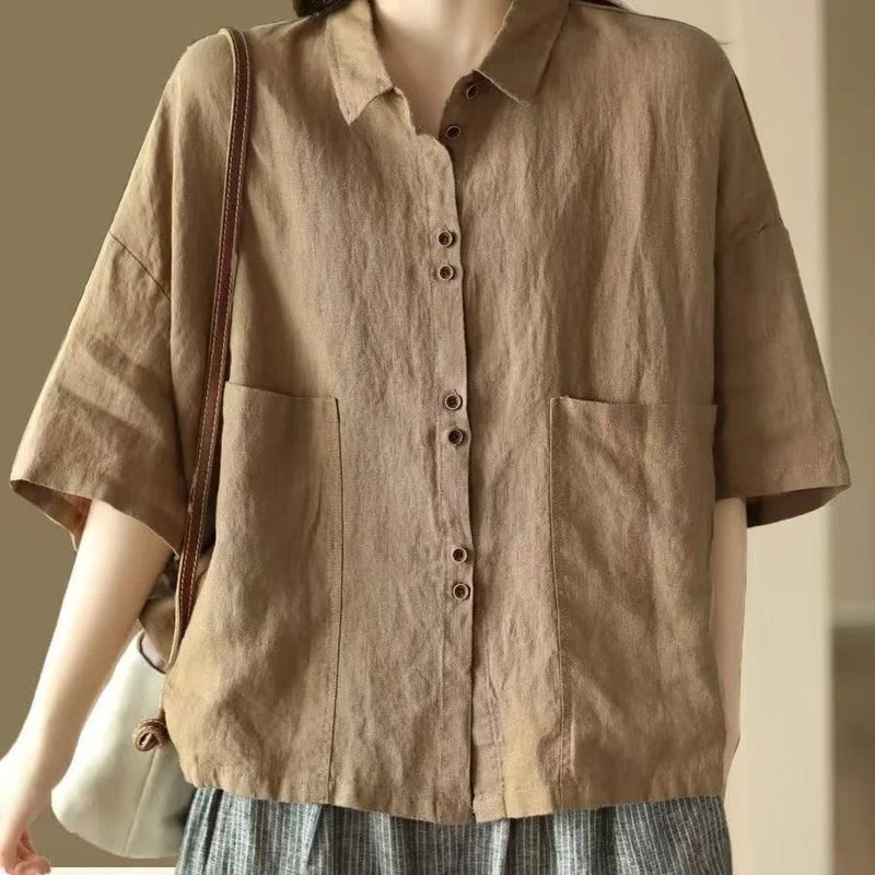 Retro Cotton Linen ort Sve Women's irt Summer New Loose Casual  Collar Top Faion Korean Sle Thin Material