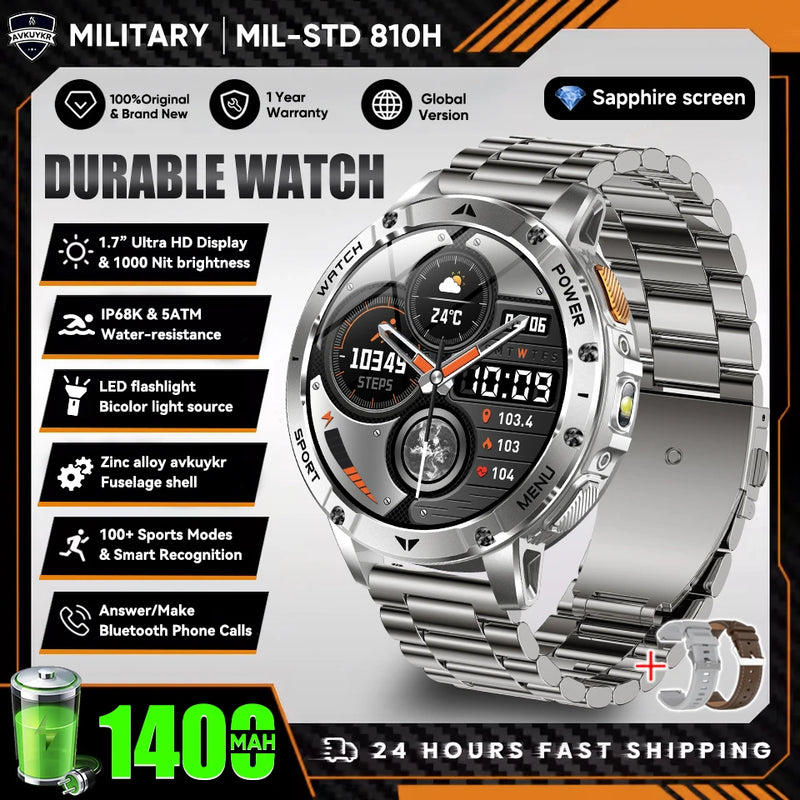 Military Grade Alloy Smartwatch 1400mAh Long Standby Waterproof SOS Emergency Flashlight BT Call Outdoor Sports Watch For Men