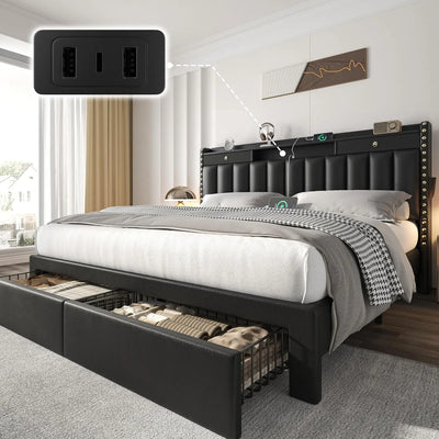 Queen Bed Frame with Headboard ＆ 4 Storage Drawers | SAMAG
