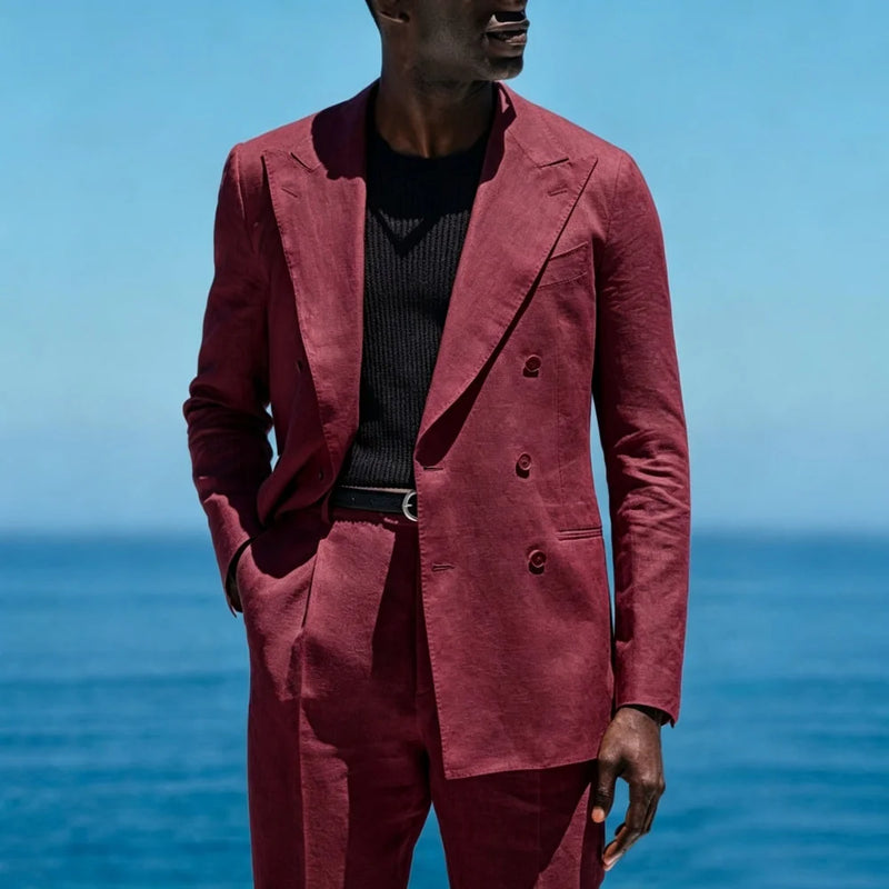 Summer Linen Double Breasted Men Suit Set Separates 2 Pieces Custom Jacket with Pants for Beach Wedding Groom Tuxedo 2026
