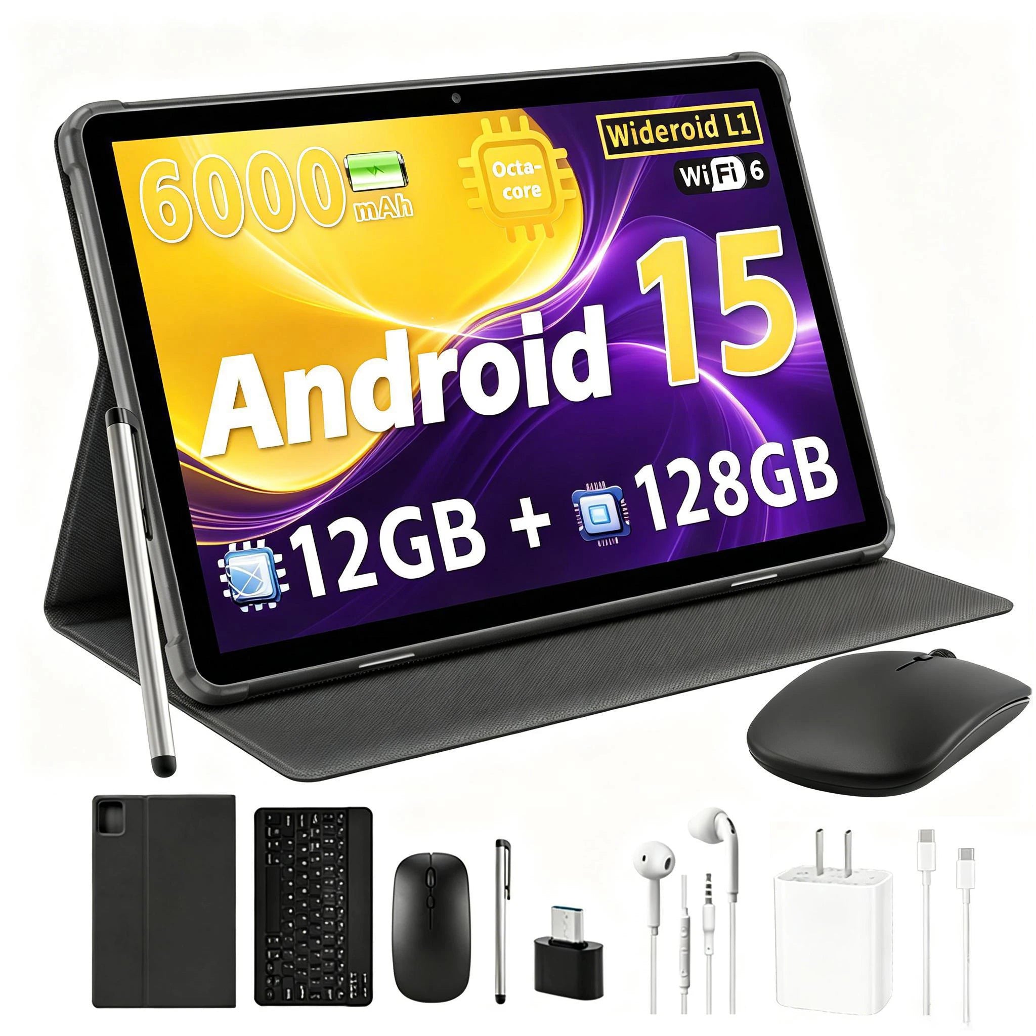 Paitanry Budget Android 15 Tablet 10.1 Inch HD Touch Screen 12GB RAM 128GB ROM 1TB Expand Octa Core 6000mAh WiFi 6 Gaming Tablet