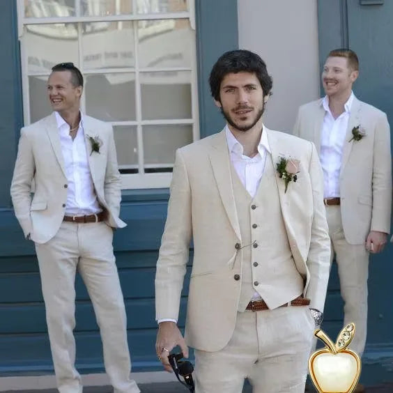 3 piece Linen Summer Men Suits for Wedding Groom Tuxedos 2026 Casual Beach Custom Man Suit Set Jacket Vest with Pants Man Fahion