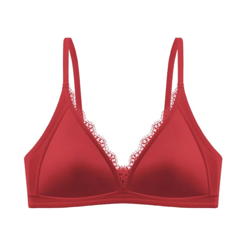 Ins Simple Satin Satin Wireless V Bra V Lace Neck Traceless Push Up Underwear Lingerie Solid Color Satin Lace Brassiere Running