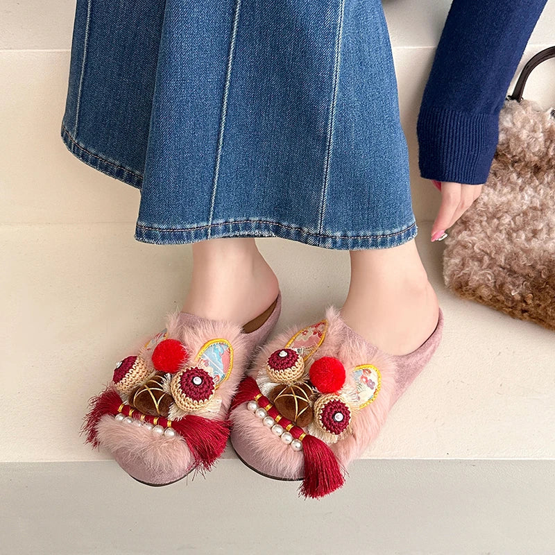 Women Chinese Style Lion Head Slippers Vintage Ethnic Open Toe Clogs Plush Warm Indoor Outdoor Casual Fashion Slide Footwear