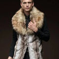 Men's Faux Fur Vest Slim Fit Lapel Big Fur Collar Short Waistcoat Men Jacket  Brown Leather Jacket Winter Warm Coat
