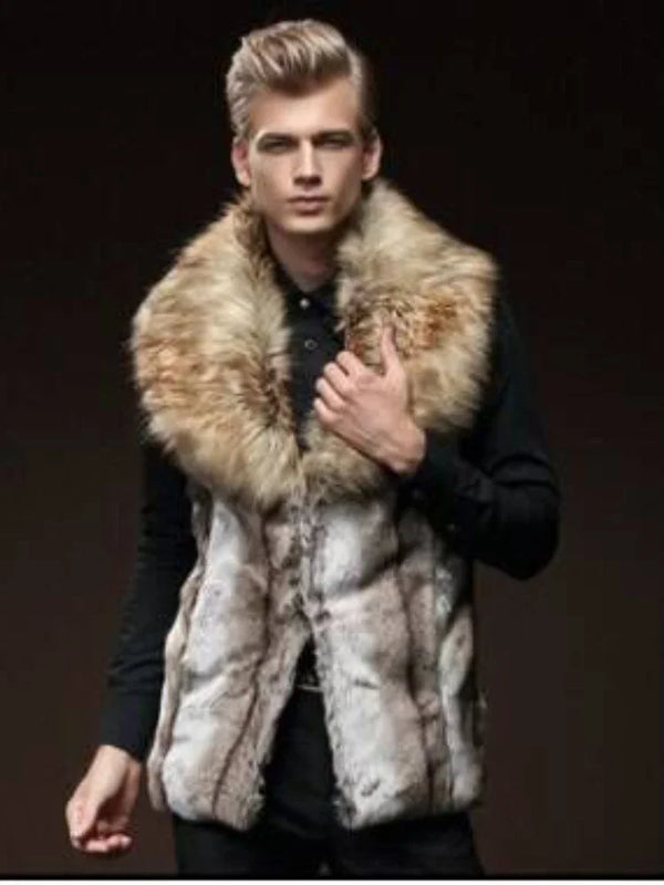 Men's Faux Fur Vest Slim Fit Lapel Big Fur Collar Short Waistcoat Men Jacket  Brown Leather Jacket Winter Warm Coat