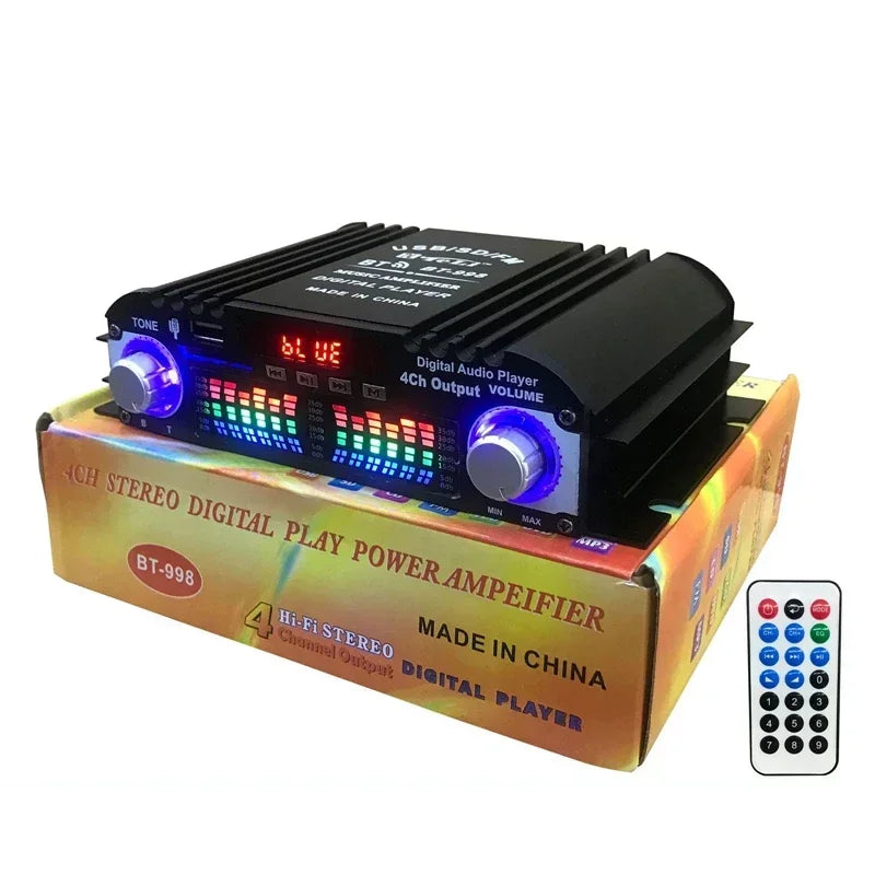 12V 4 Channel Car Power Amplifier with Remote Control BT-998 Hifi Audio Home Digital Amplifiers Bass Power Bluetooth Amplifier