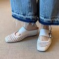 Women Woven Mules Hollow Out Leather Clogs Double Strap Buckle Wedge Slippers Vintage Closed Toe Summer Mid Heel Sandals Shoes