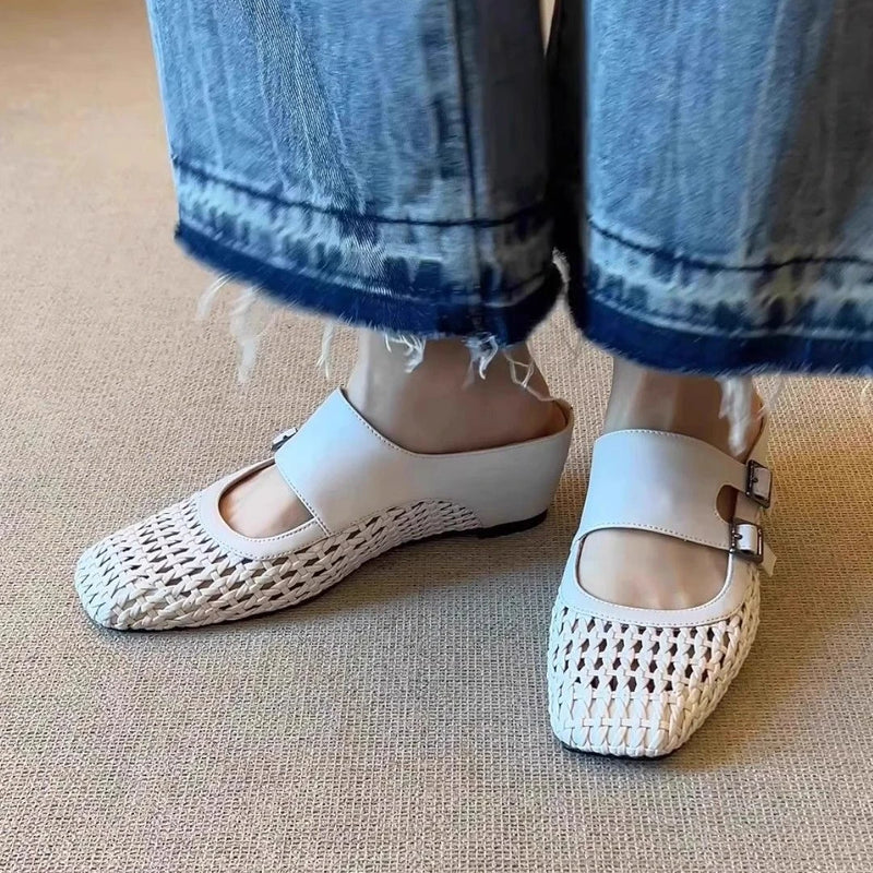 Women Woven Mules Hollow Out Leather Clogs Double Strap Buckle Wedge Slippers Vintage Closed Toe Summer Mid Heel Sandals Shoes