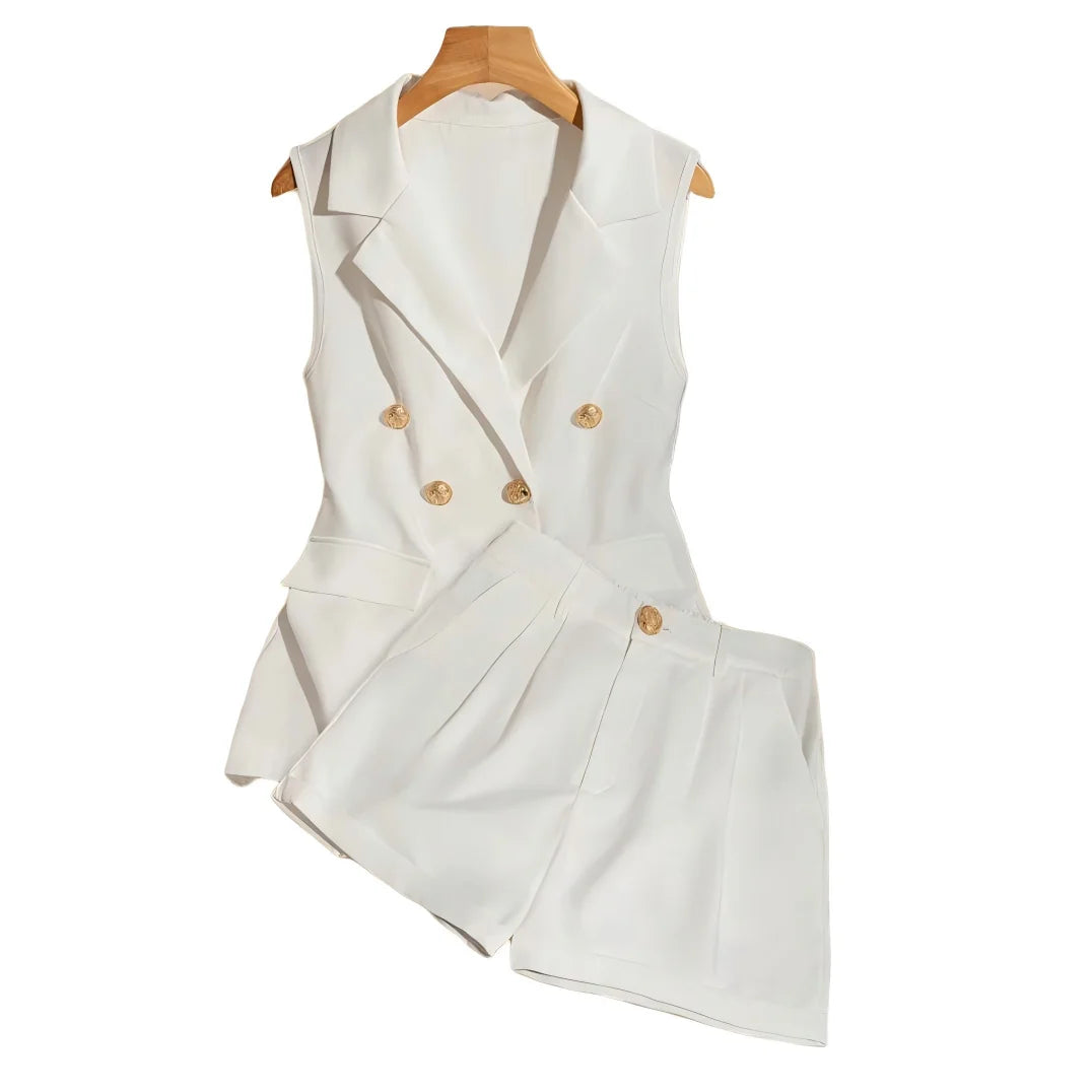 Elegant Style Women Summer Sleeveless Lapel Double Button Vest Pleated Short Pants Set