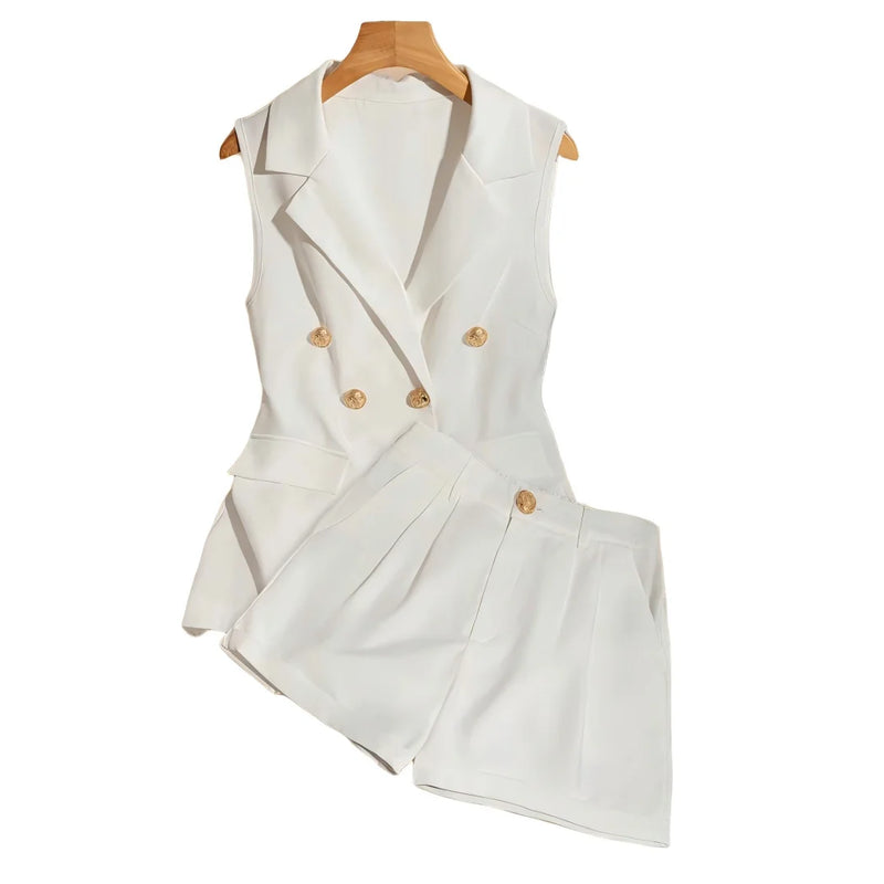 Elegant Style Women Summer Sleeveless Lapel Double Button Vest Pleated Short Pants Set