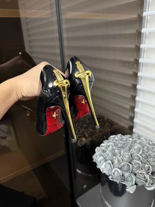 Red Bottom Metal Wand Sexy Sword Pointed Toe Thin Heel Evening Single High Heel Printed Bottom Comfortable Wear Ultra High Heels