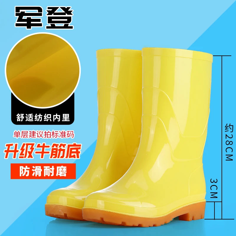 Waterproof Anti-slip Yellow Work Boots Men's Women's Mid-calf Rubber Shoes Gel Sole Booties Unisex Rain Boots Military Standard
