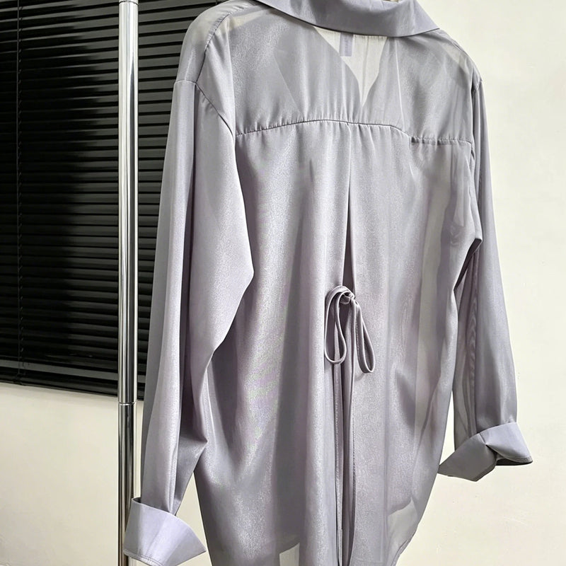 Tie Back Button Down Shirt Women Semi Sheer Chiffon Long - View 3 | SAMAG