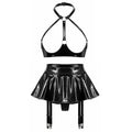 Lingerie Sexy Set Women Wetlook Patent Leather Wire-free Open Cup Sexy Bra with Ruffle Built-in Thongs Garter Belt Mini Skirts
