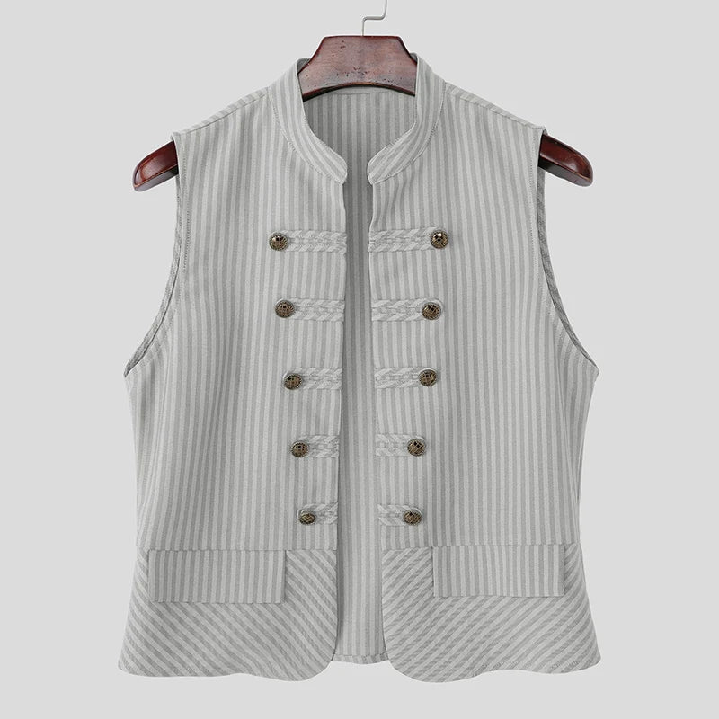 INCERUN Men Vests Striped Stand Collar Sleeveless Open Stitch Male Waistcoats Streetwear 2026 Fashion Casual Crop Vests For Man