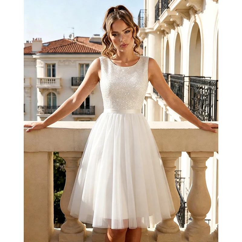 White Short Wedding Dress A-Line V Neck Beaded Sequined | SAMAG