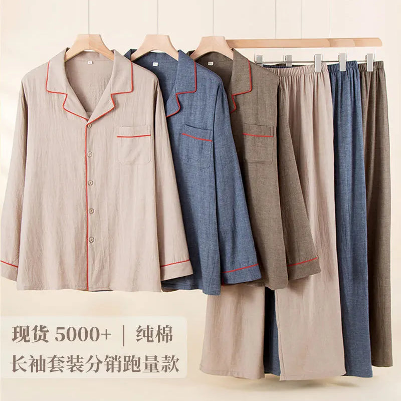Sleepwear Summer Male Pajamas Set Man Pure Cotton Men's Pajama Set Long Sleeves Long Pants Home Wear Outside 2pcs Lounge