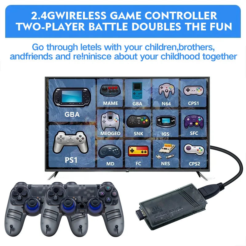 The GS5mini retro game console features dual wireless controllers, supports 4K high-definition output, and two-player gaming.