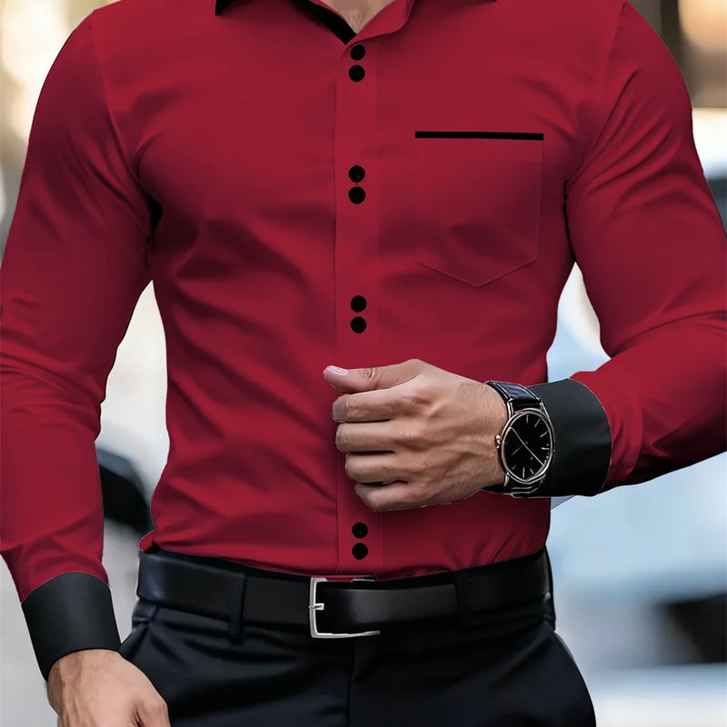 Men's Business Color Block Collar Long Sleeve Shirt, Slim | SAMAG