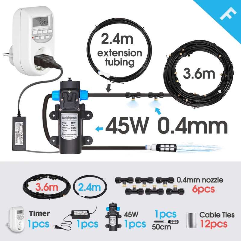 45W Pump 0.4MM Automatic Timing Cooling Watering System 6/9/12/18/21M Outdoor Garden Irrigation Kit Brass Mist Nozzles Sprayer