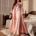 Contrast Lace Pajama Set Long Sleeve Robe With Belt V | SAMAG