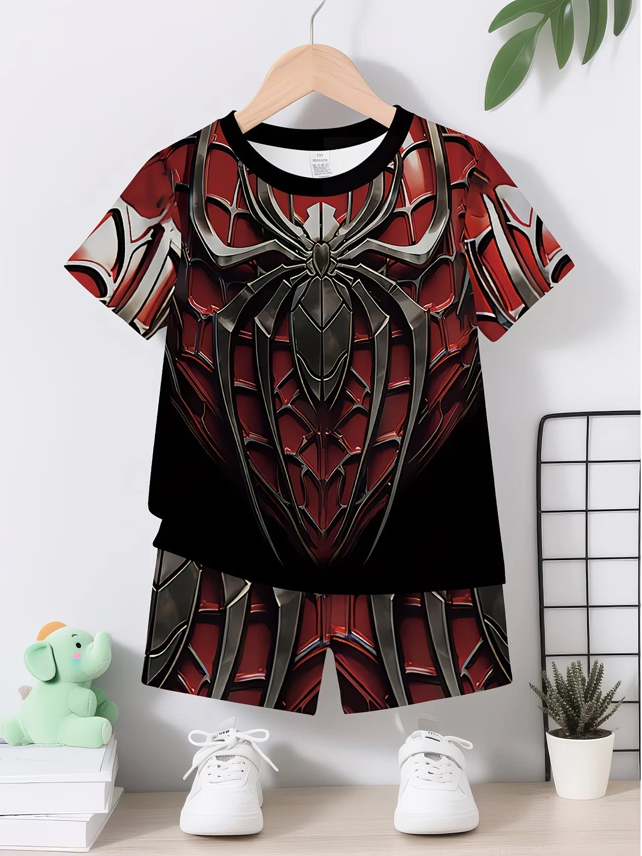 Boys 2Pcs Summer Outfit Spider Print Short Sleeve T-Shirt + Shorts Set Red Blue Casual Sportswear Kids Streetwear Tracksuit