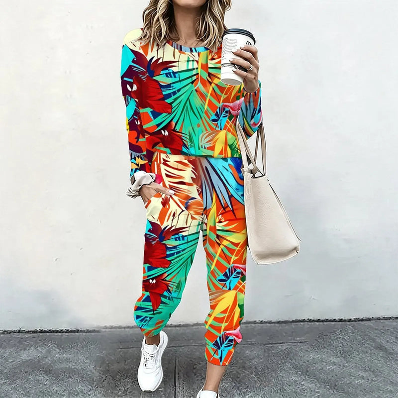 Women 2 Piece Tracksuit Set Print Long Sleeve Crew Neck Top And Jogger Pants Casual Streetwear Outfit With Pockets