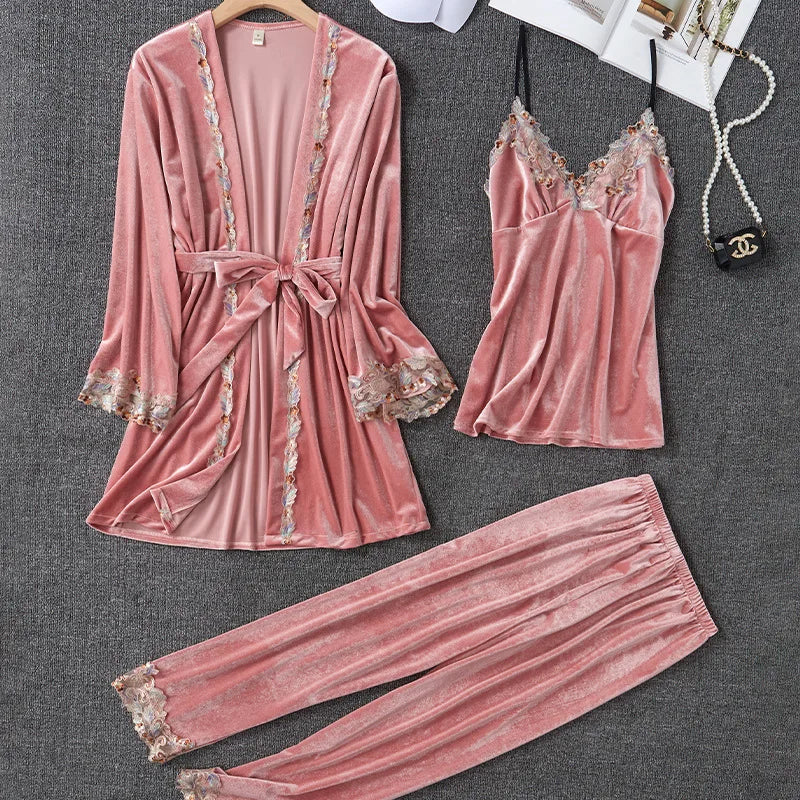 New Velour Pajama Suit Women Robe Nightgown Set Sleepwear | SAMAG