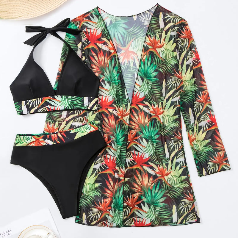 Halter Print Bikini Sets Women Swimsuit With Kimono | SAMAG