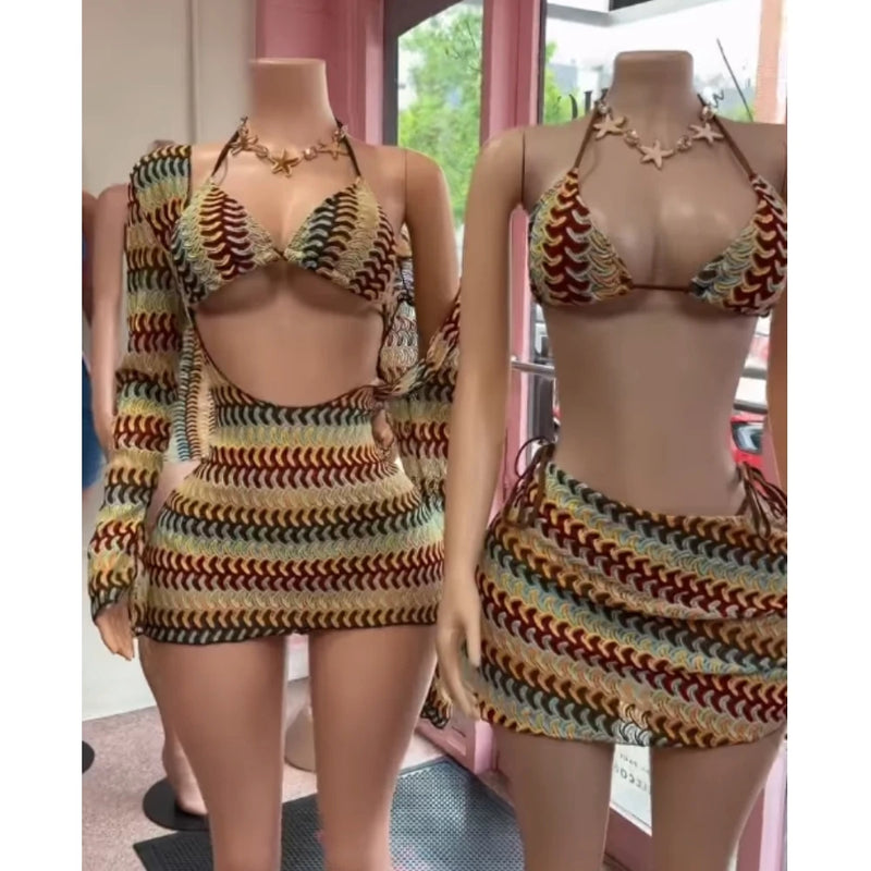 HLJ Y2K Fashion Coffee Striped Bikini Set Women Beaded | SAMAG
