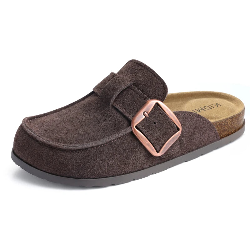 Comwarm Genuine Suede Clogs for Women Cork Footbed Leather Mules Slip On with Comfort Memory Foam and Adjustable Buckle