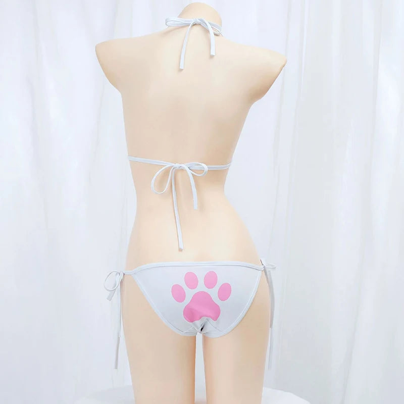 Japanese Anime Kawaii Girl Cute Cat Paw Bikini Swimsuit Women Claw Pattern Three Point Underwear Set Bra Panties Costume Cosplay