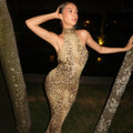Cryptographic Fashion Halter Leopard Sexy Backless Maxi Dress Women Club Outfits Bandage Embellished Long Dresses Robe Clothes