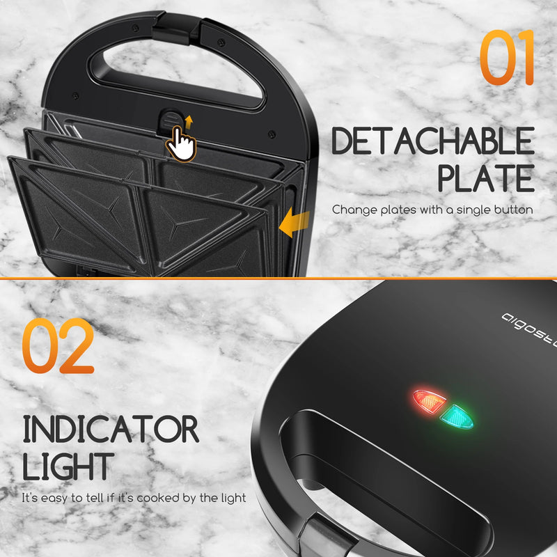 3-in-1 sandwich maker: electric sandwich maker, Grill and waffle, 3 detachable non-stick and interchangeable plates, thermostat, cold touch handle, Vertical storage, 750 W