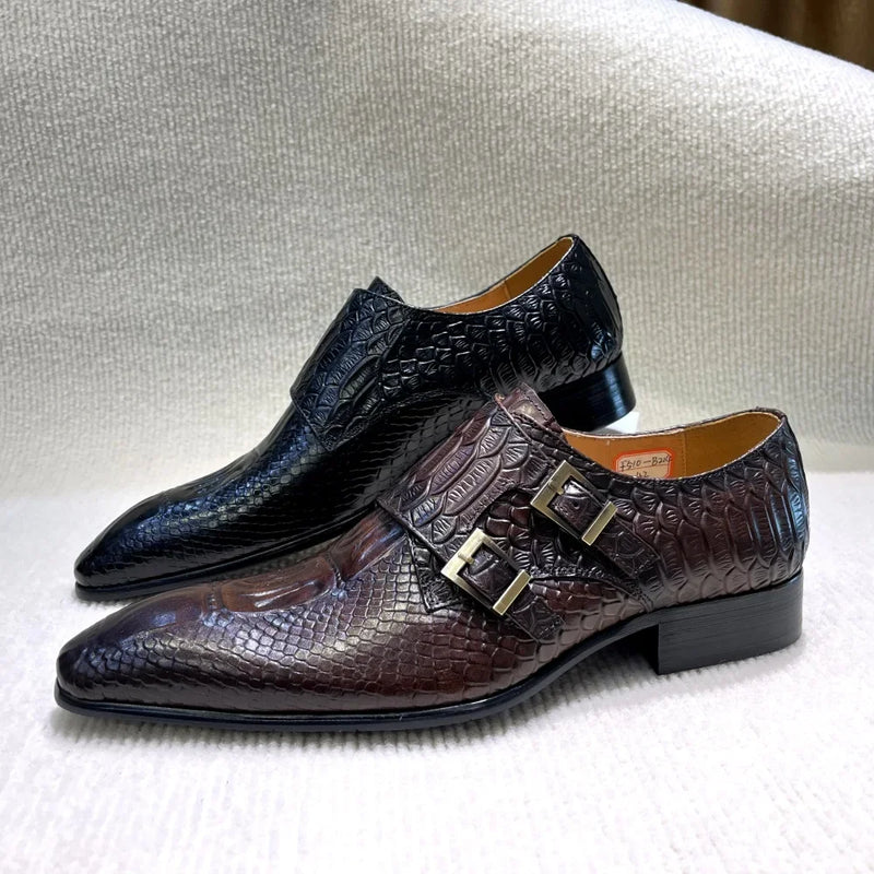 Men's Italian Genuine Leather Formal Oxford Shoes Python Crocodile Pattern Button Detailing for Office Party Wedding Footwear