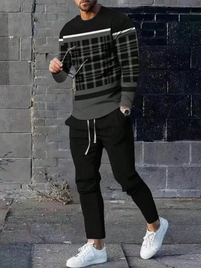 Fashionable summer men's striped patchwork print breathable round neck long sleeved pants set outdoor casual wear | SAMAG