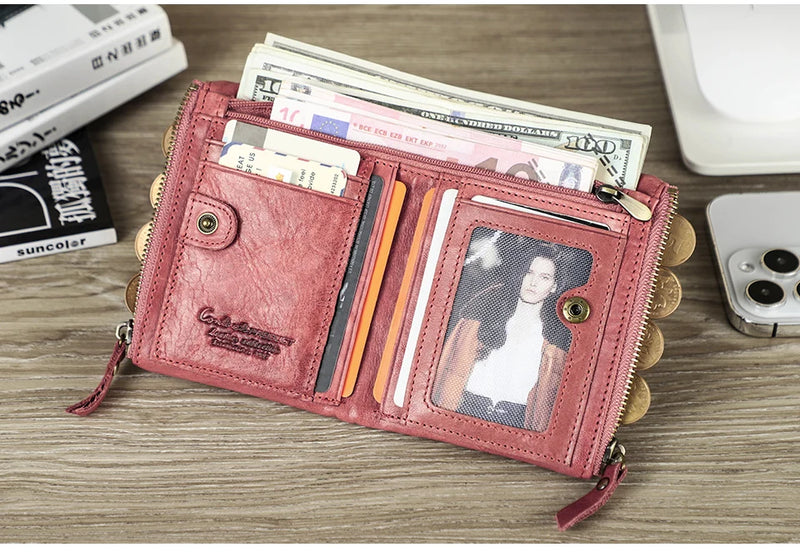 CONTACT'S Fashion Genuine Leather Women Wallet Bifold Card Holder Coin Purse Small Women's Purse Money Clip Men Pocket Wallets