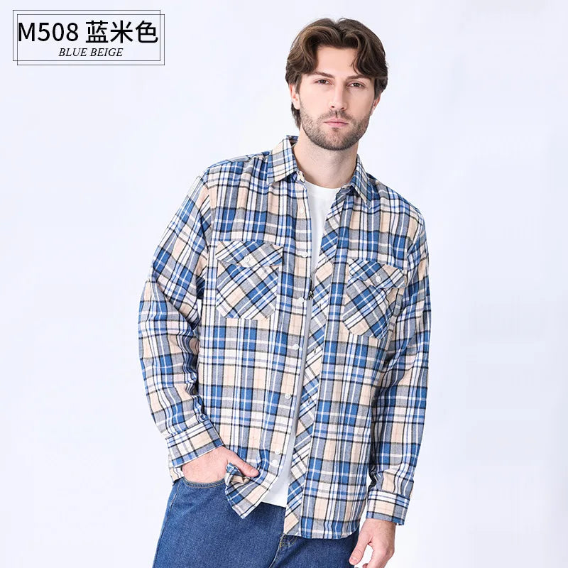 American size men's long-sleeved shirt autumn and winter flannel coat plaid casual non-ironing large size with pockets