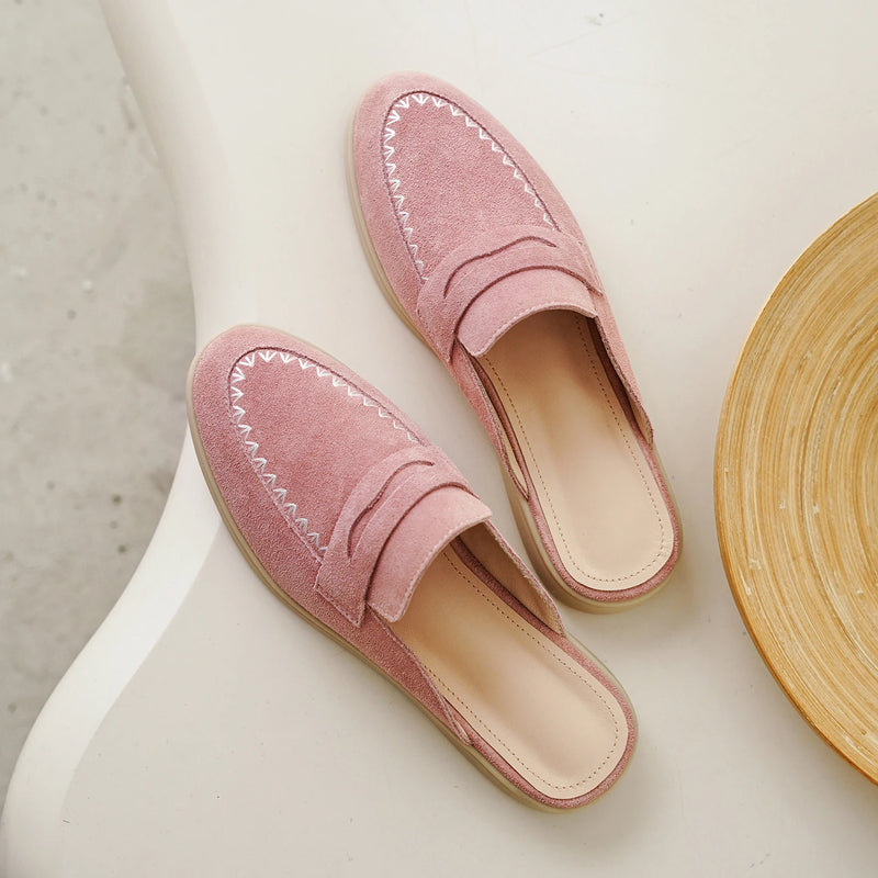 New Genuine Leather Cowhide Women Mules,Round Toe Slip-on Women Slippers,Flats Women Shoes