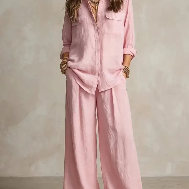 Retro Solid Office Two-piece Set Women's Spring Autumn Fashion Lapel Cardigan Top With Wide Leg Pants Suit Ladies Casual Outfit