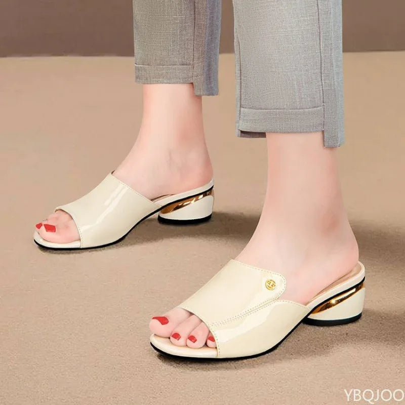 Luxury plus size Women's Slippers Summer new soft leather shoes Fashion fish mouth ladies Shoes Thick heel open toed slippers