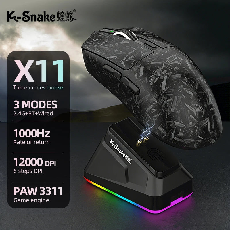 X11 Tri-Mode Gaming Mouse PAW3311,22000DPI,Magnetic Charging Dock,RGB Backlight
