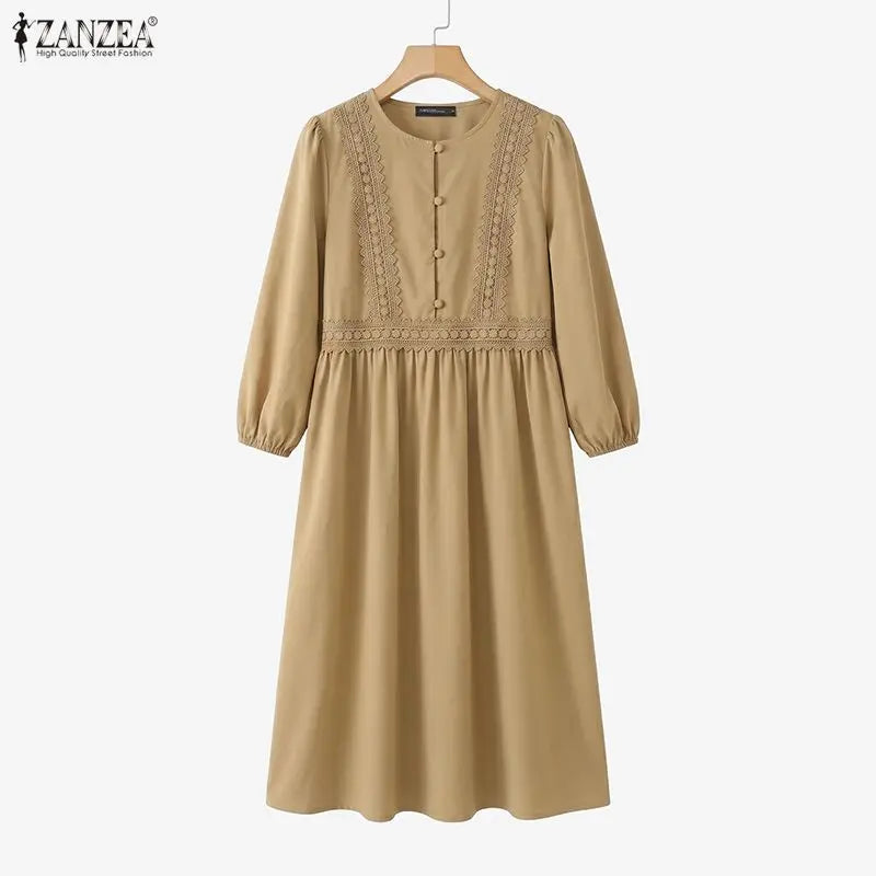 ZANZEA Muslim Women Lace Patchwork Maxi Dress Modet | SAMAG