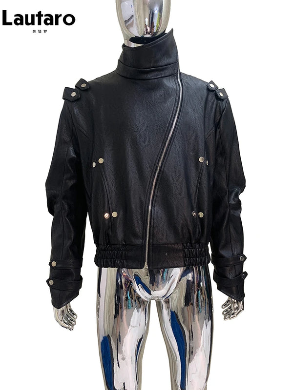 Mauroicardi Spring Autumn Cool Windproof Short Black Faux Leather Jacket Men Zipper Chic Luxury Designer Clothes Streetwear 2025