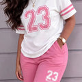 New Spring and Summer Women's Clothing: Casual Versatile Color-Blocked College-Style Round-Neck Number 23 Digital Print Short-Sleeve Top Paired with High-Waisted Loose Straight-Leg Shorts Two-Piece Set. T-Shirt and Color-Bloc