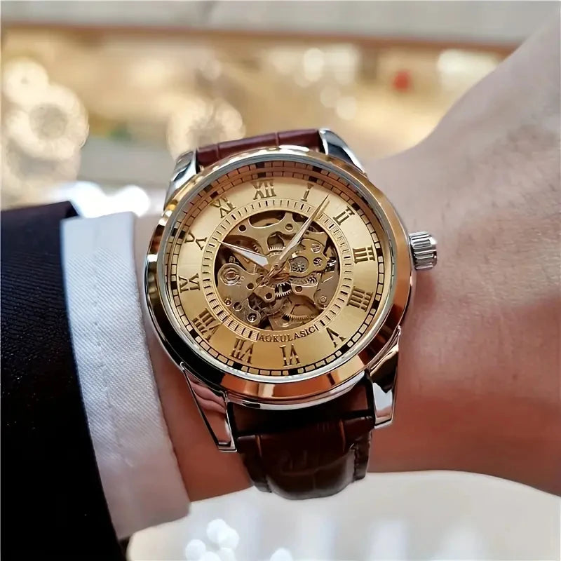 Elegant Men's Automatic Mechanical Watch with Skeleton Design - Leather Strap, Roman Numeral Dial, Automatic Movement, Perfect for Business and Casual Wear, Ideal Gift for Young Men, Business Casual Men's Watch | Skeleton Wat