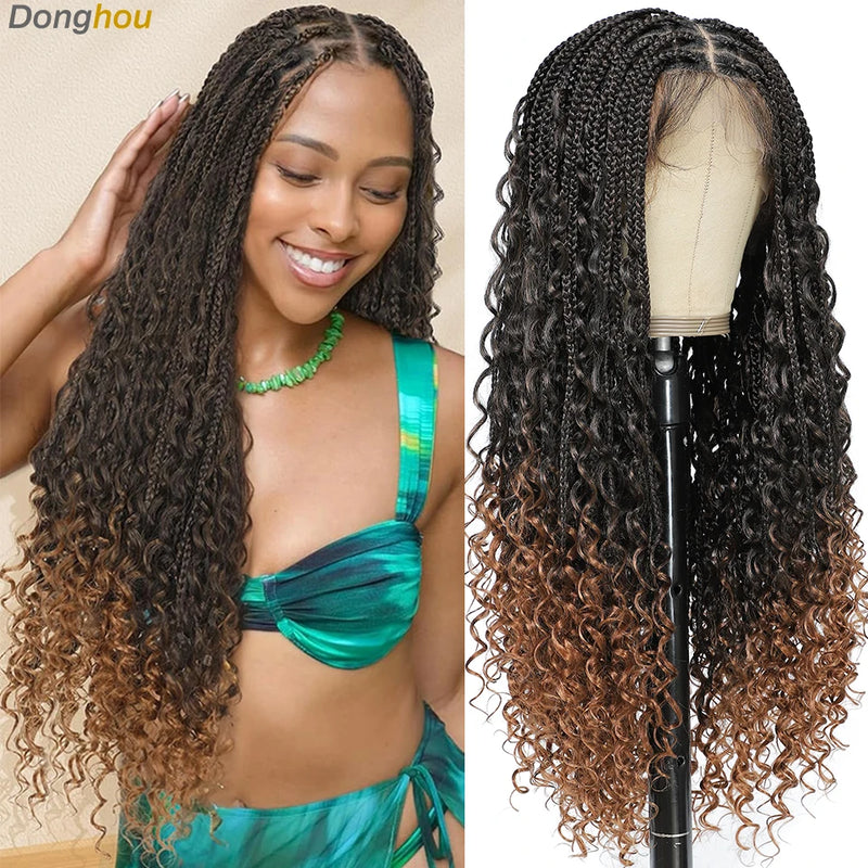 Boho Goddess Box Braid Wig with Baby Hair Lace Front Braided Wigs for Women Brown Hair Synthetic Blended Braids Wig Curly Hair