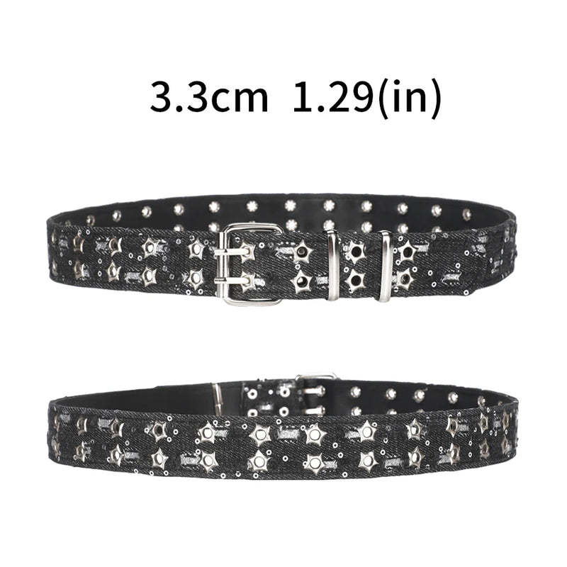 New Fashion Luxury Belt Black Punk Accessories Blue Denim Girdle HipHop Y2k Star Hollowed Pin Buckle Waistband，For Men Women