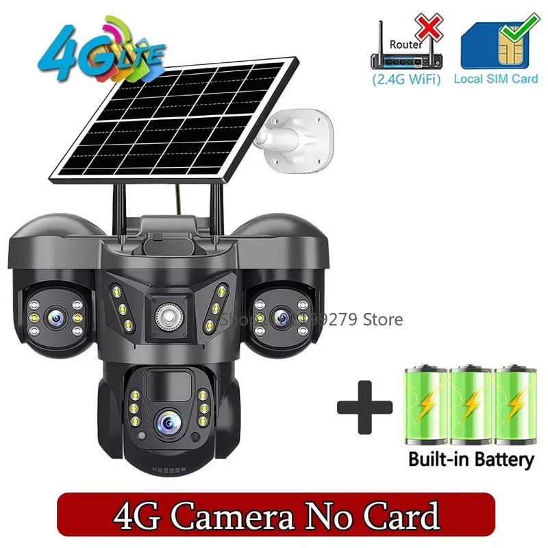 Solar 4G/WIFI IP Camera 15MP Three Lens Three Screen  Waterproof Monitor Night Vision Security Protection PTZ Video Surveillance